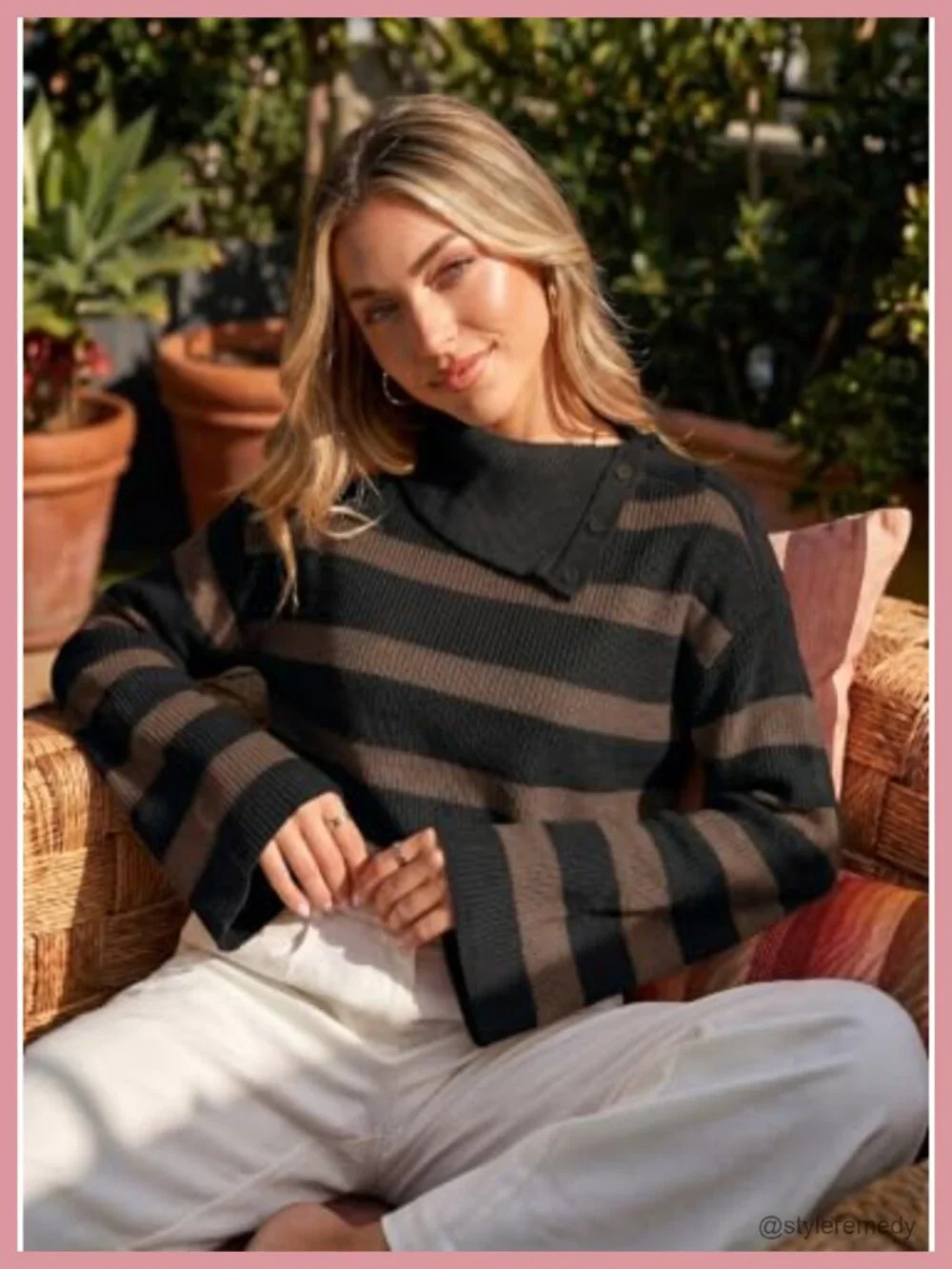 Striped Bell Sleeve Turtleneck Sweater Women Oversized Knit Button High Neck